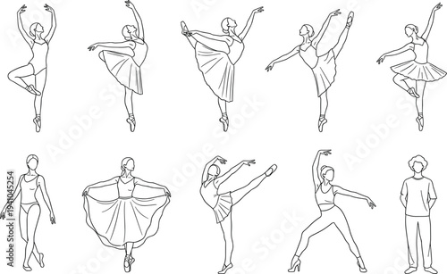 Ballet dancer poses set with graceful ballerina movements and classical dance positions line art vector illustration isolated collection