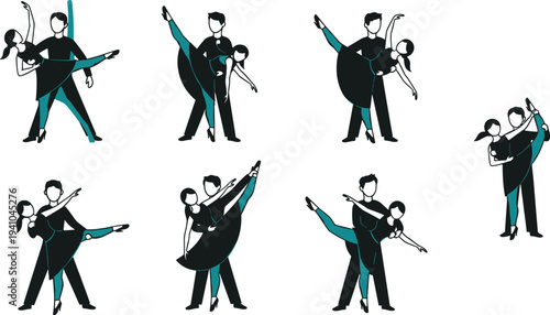 Ballroom Dance Couple Pose Collection with Male and Female Partners Performing Elegant Lift and Leg Extension Vector Illustration Set