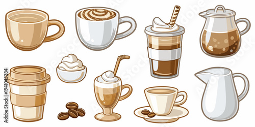 Collection of various coffee drinks and related items in cartoon style