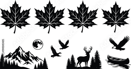 Maple Leaf and Wilderness Wildlife Silhouette Collection with Mountains, Deer, Flying Birds, Canoe and Pine Forest Nature Vector Illustration