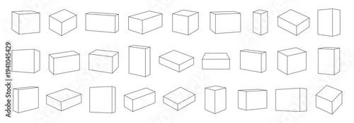 Set of 3D Geometric Cube and Rectangular Prism Wireframe Outlines in Various Perspectives