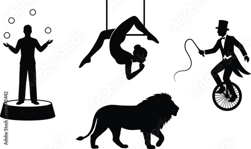 Circus Performer Silhouette Set with Juggler, Aerial Acrobat, Lion and Unicycle Rider, Vintage Carnival Entertainment Vector Collection