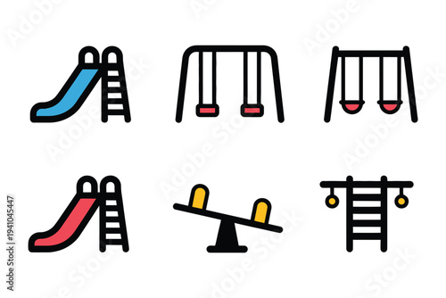 Playground Equipment Including Slides Swings And Seesaw, flat design children play area illustration