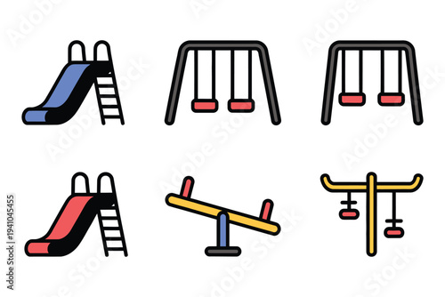 Playground Equipment Including Slides Swings And Seesaw, flat design children play area illustration