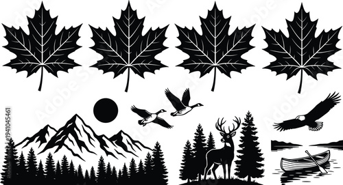 Maple Leaf, Mountain Forest Wildlife Silhouette Set with Deer, Geese, Eagle, Canoe and Pine Trees Nature Landscape Vector Collection Illustration