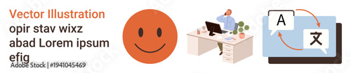 Language learning, working remotely, translation, communication, technology, productivity. happy face, person at desk and translation icons. Language learning and working remotely