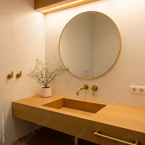 Modern bathroom design with wooden vanity and round mirror.