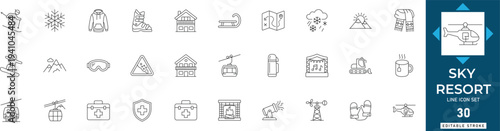 Ski resort line icon set featuring winter, mountain, sport, adventure, vacation, leisure, and travel. Professional editable vector illustration.