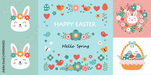 A cheerful easter collage with bunnies birds eggs and floral decorations