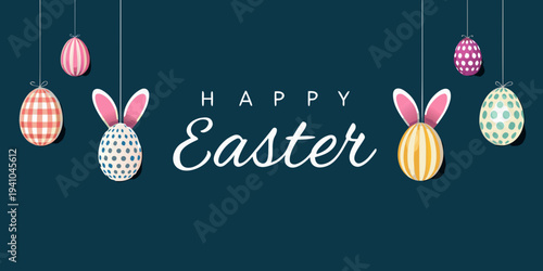 Happy easter greeting with decorated eggs and bunny ears illustration