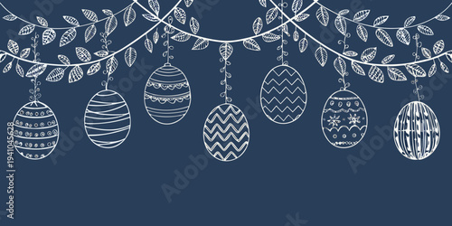 Hand drawn easter egg ornaments hanging from leafy garlands on navy background