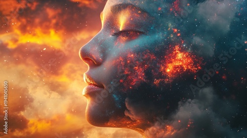 A serene profile, a human face overlaid with celestial elements, suggestive of a connection to the universe