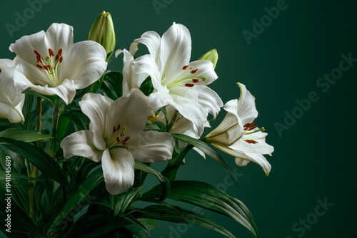 blooming white lilies and lush green foliage.