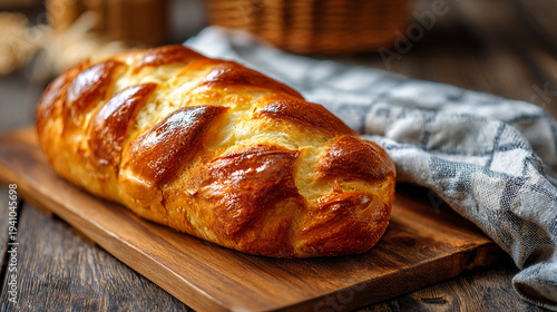 Golden, crispy homemade bread placed on a wooden cutting board.