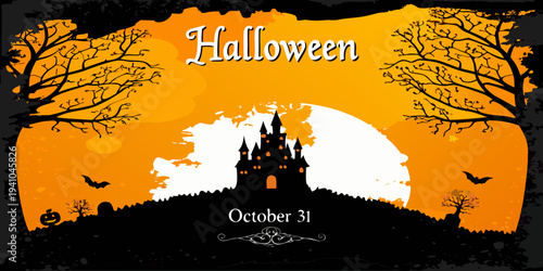 A spooky halloween scene with a castle bats and a full moon