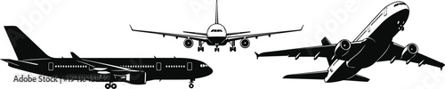 Passenger airplane silhouette set with side front and perspective views isolated vector aircraft illustration for aviation transportation design