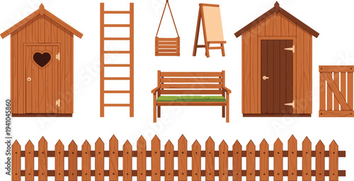 Wooden Garden Objects Vector Set with Sheds, Ladder, Bench, Swing, Fence and Rustic Outdoor Furniture Elements