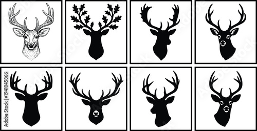 Deer Head and Antler Silhouette Collection, Stag Wildlife Logo Emblem Set with Hunting Trophy Vector Illustration