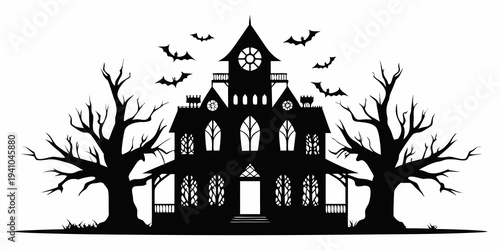 Spooky haunted house silhouette with bats and bare trees at night