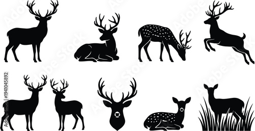 Deer silhouette collection with stag buck and doe poses isolated vector set for wildlife hunting forest nature design