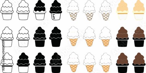 Collection of colorful ice cream cones in various styles and flavors