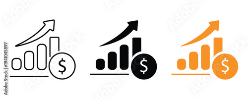Financial growth bar chart with upward arrow and dollar coin, business concept