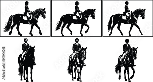 Equestrian horse riding silhouette collection with rider training dressage poses isolated vector illustration set for sport and competition