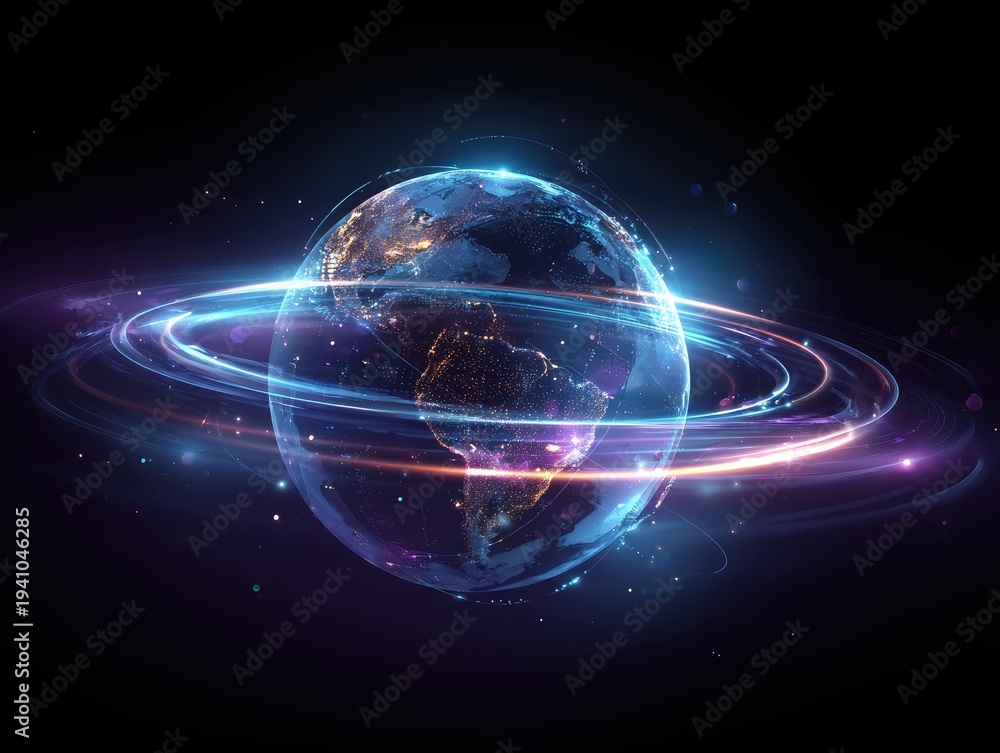 Obraz premium Glowing planet with swirling light rings against a dark background