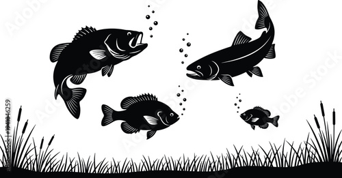 Freshwater Fish Silhouette Collection with Underwater Bubbles Lake Plants and Swimming Aquatic Animals Vector Nature Illustration Set