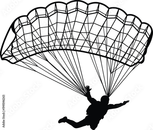 Skydiver flying with open parachute silhouette, extreme sport skydiving adventure in air, freedom flight adrenaline activity concept illustration