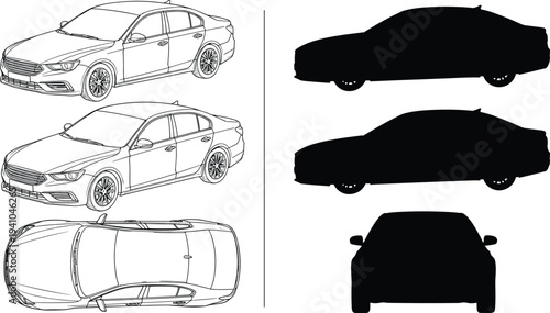 Sedan Car Outline Drawing and Silhouette Set with Side, Front and Top Views, Modern Vehicle Vector Illustration