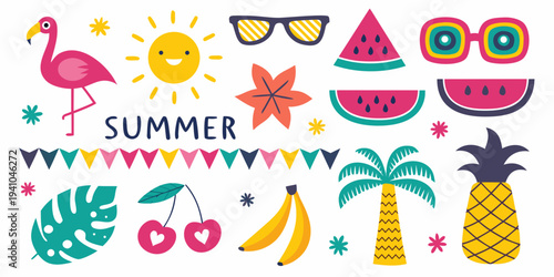 Colorful summer themed illustrations including flamingos fruit and sunglasses