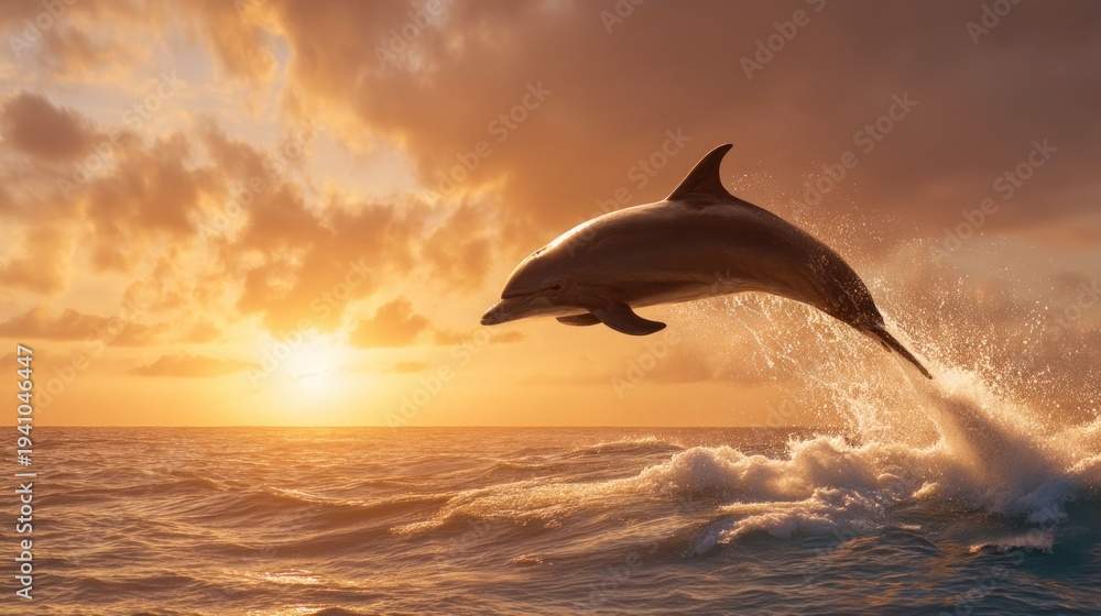 Fototapeta premium Jumping dolphin against golden sunset sky over ocean waves with water splash