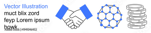 Business collaboration, blockchain technology, cryptocurrency, financial growth, digital economy, investment strategy. Handshake, blockchain structure coin stack. Business partnership and blockchain