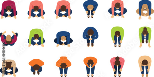 Top view people bowing and kneeling poses collection flat vector characters set showing respect prayer greeting yoga positions