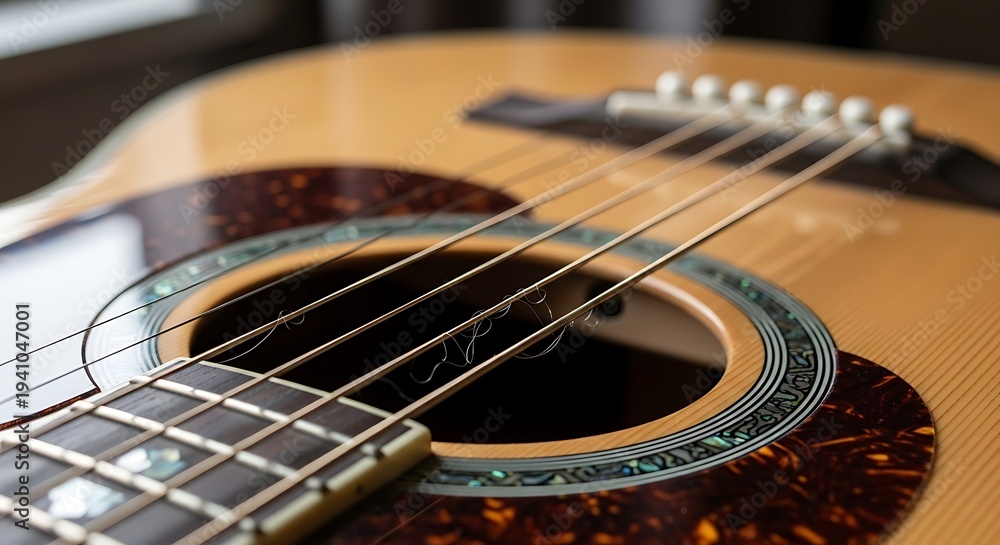 Fototapeta premium Close up view captures the intricate details of an acoustic musical instrument's body and fretboard