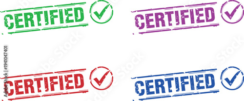 A set of colorful certified stamps with checkmarks on a white background