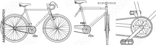 Vintage bicycle technical line drawing set showing side front frame and drivetrain details isolated vector illustration for cycling design projects