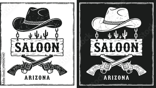 Vintage western saloon sign with cowboy hat crossed revolvers and cactus Arizona retro wild west vector illustration set