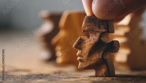 Wooden puzzle pieces shaped as human profiles, a hand placing one