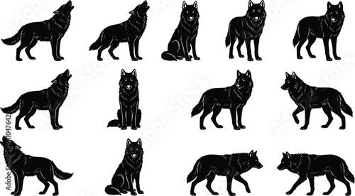 Wolf Silhouette Collection in Different Poses Howling Standing Walking Sitting Vector Wildlife Animal Illustration Set Isolated Design