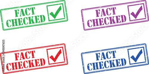 A set of colorful fact checked stamps on a white background
