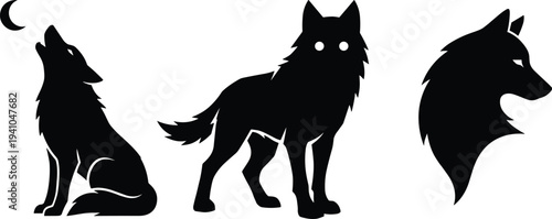 Wolf silhouette set howling wolf standing wolf and wolf head logo vector illustration isolated on white background