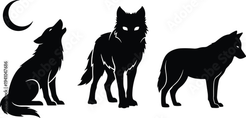 Wolf silhouette collection with howling wolf under moon standing wolf and side view wild animal vector illustration