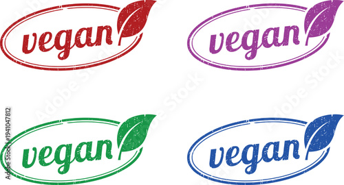 Four colorful vegan logos with leaf designs on a white background