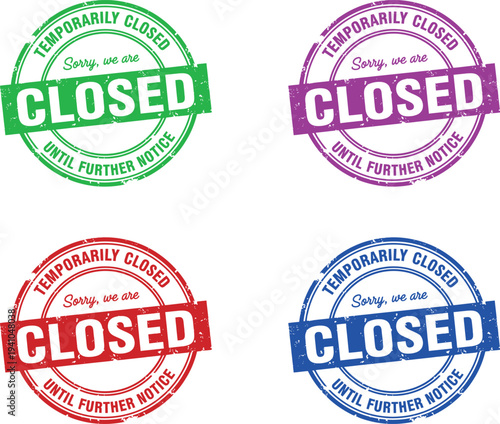 Four colorful temporarily closed stamps on a white background