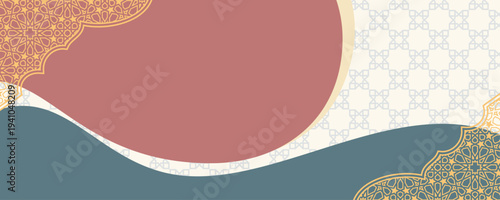 Modern Islamic banner with rose, navy, and gold geometric patterns