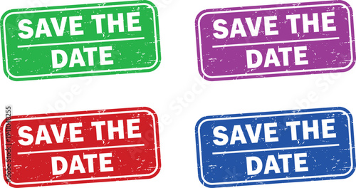 A set of colorful save the date stamps on a white background