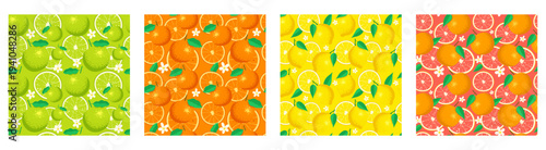 Fruit citrus seamless pattern set with grapefruit, lime, orange, lemon. Bright summer print in flat style. Vector illustration for fabric, packaging, wallpaper, textiles, wrapping paper