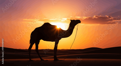 Majestic camel standing alone in desert at sunset
